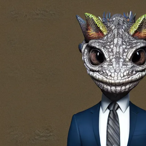 Prompt: a highly detailed portrait of an anthropomorphic lizard man with bright scaly skin wearing a well tailored business suit and tie, 8 k, 4 k, highly detailed, sharp,