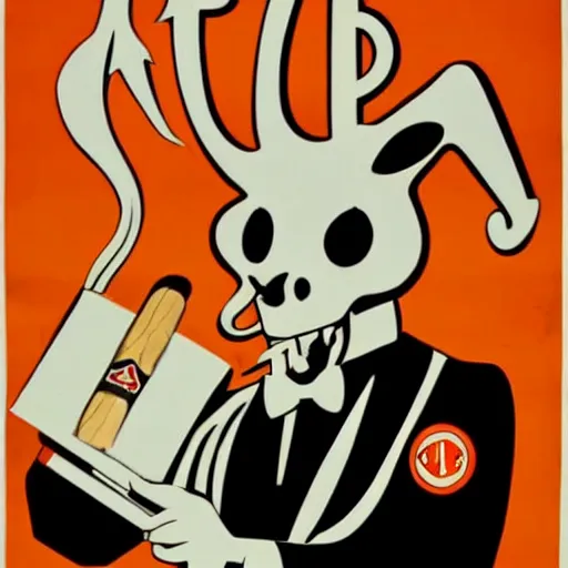 Image similar to a 1 9 3 0's propaganda poster of a goat skull wearing a tuxedo, smoking a cigar, limited color palette, minimalism, no writing,