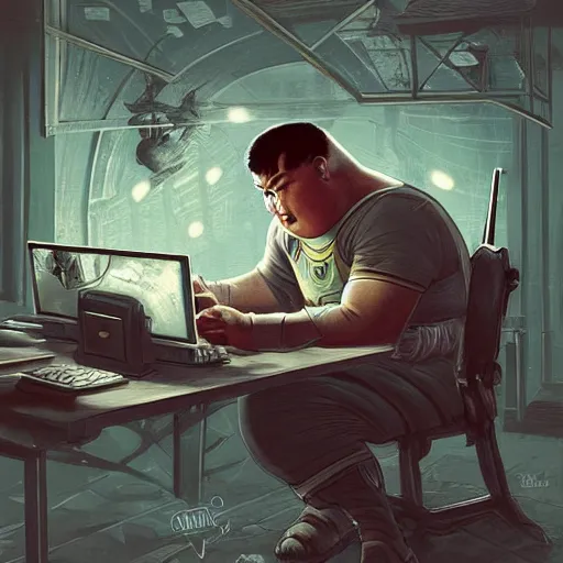 Image similar to a insanely detailed painting of a slightly overweight asian man wearing a homemade superhero costumed, sitting at a computer desk nervously typing on the keyboard, in the style of peter mohrbacher, dramatic lighting and composition, trending on artstation, concept art, comic book, graphic novel