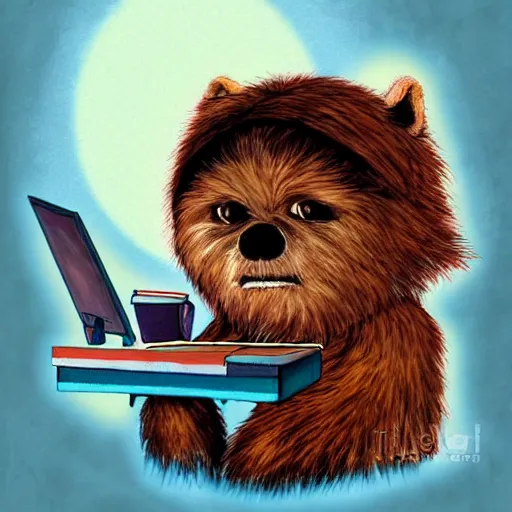 Image similar to ewok watching a movie from his bed, digital art, colourful