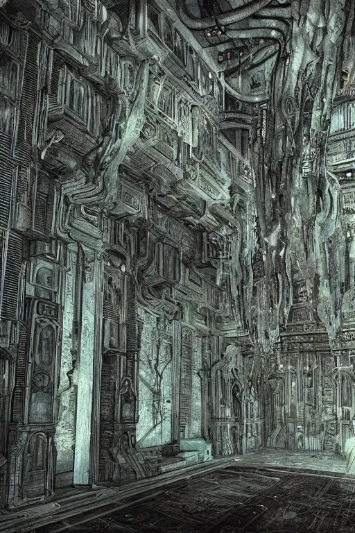 Prompt: Interior design, Eldritch location by H.R. Giger