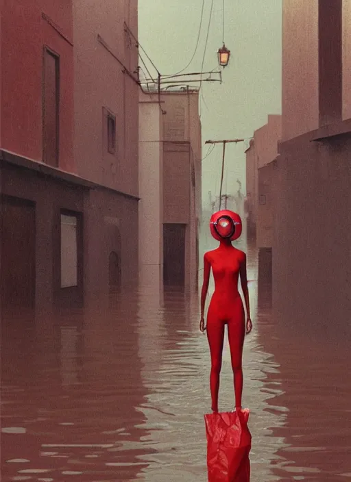 Prompt: woman in VR helmet made of paper bag, dressed in transparent red plastic bags, on flooded street Edward Hopper and James Gilleard, Zdzislaw Beksinski, highly detailed