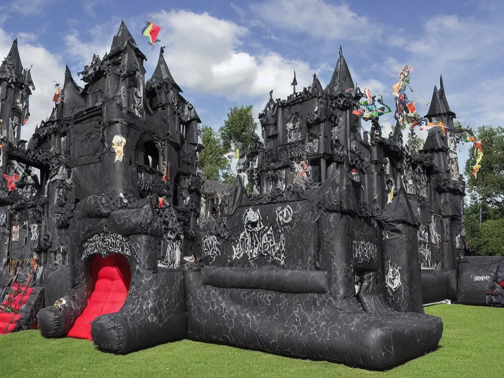 Prompt: huge black death metal bouncy castle, highly detailed photo