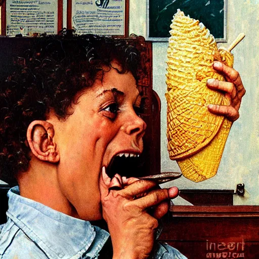 Prompt: Norman Rockwell painting of Tyrannosaurus rex eating an ice cream cone