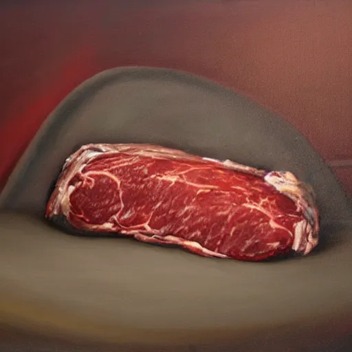 Image similar to dark oil painting of couch with meat spilling out of it, cut in half, surreal