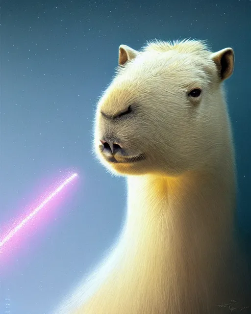 Image similar to complete and delicate portrait of a white capybara, beautiful, agile, fairy, myth, legend, detailed, trending on artstatioin, light effects, kilian eng, john harris, bastien lecouffe - deharme