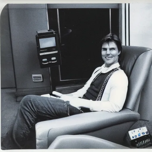 Image similar to Polaroid of Tom Cruise sitting in recliner with remote control 1983