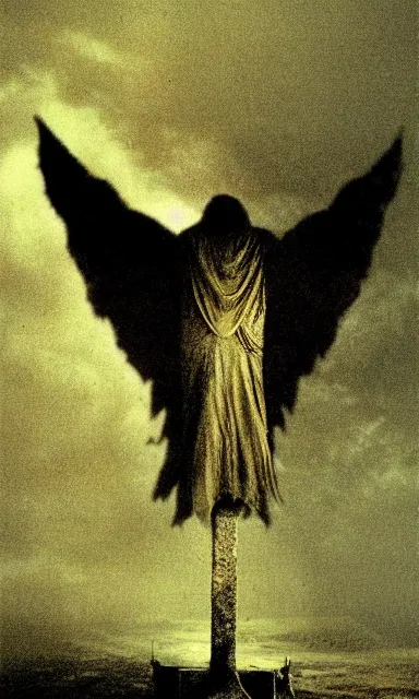 Image similar to raven standing on tombstone, midnight colors, photograph taken by giger and beksinski and death fog and decaying megacity