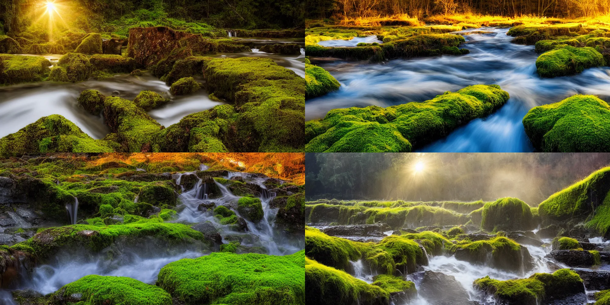 Prompt: Beautiful photograph of large dam, covered in moss, water pouring down, golden hour photography, 4k wallpaper