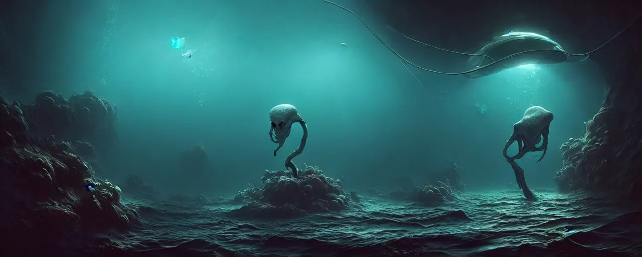 Image similar to ultra realistic horror photo of a dimly lit alien creature underwater, very intricate details, focus, full frame image, artwork by tooth wu and wlop and beeple and greg rutkowski, award winning