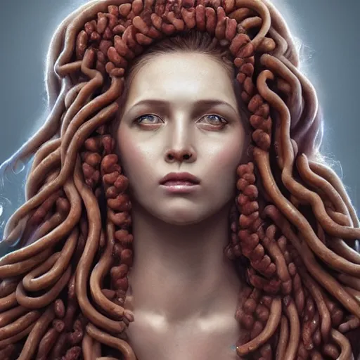 Image similar to medusa with hair made of sausages, award winning creature portrait photography, extremely detailed, artstation, 8 k, sensual lighting, incredible art, wlop, artgerm