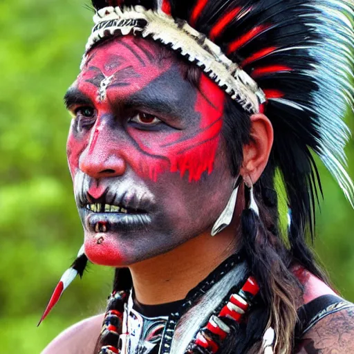 Prompt: native warrior wearing demon warpaint, black feathr head wear, award winning photograph