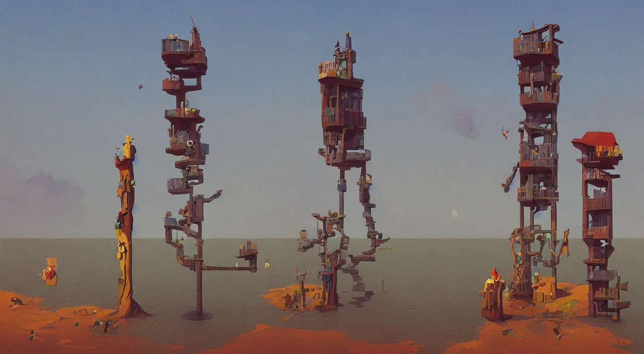 Prompt: single flooded simple wooden alien tower, very coherent and colorful high contrast!! masterpiece by rene magritte simon stalenhag carl spitzweg syd mead norman rockwell edward hopper james gilleard, minimalist, dark shadows, sunny day, hard lighting