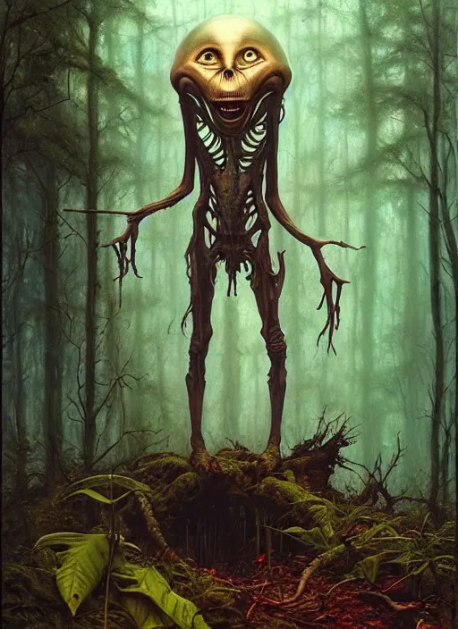 Image similar to hyper realistic spooky alien in the woods in a river gorgeous lighting, lush forest foliage blue sky a hyper realistic painting by chiara bautista and beksinski and norman rockwell and greg rutkowski, tom bagshaw weta studio, and lucasfilm