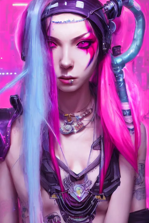 Image similar to jinx from league of legends, long pink hair, cyberpunk futuristic neon. decorated with traditional japanese ornaments by ismail inceoglu dragan bibin hans thoma greg rutkowski alexandros pyromallis nekro rene maritte illustrated, perfect face, fine details, realistic shaded, fine - face, pretty face