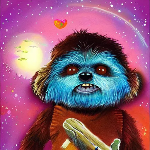 Image similar to cute ewok childrens book cover, colourful, digital art