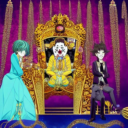 Prompt: manga of a shining majestic throne made of millions of diamonds, gold and zaphires with thousands of light reflections, and a clown on a tuxedo suit is sitting on the throne while handing a golden balloon, dramatic light