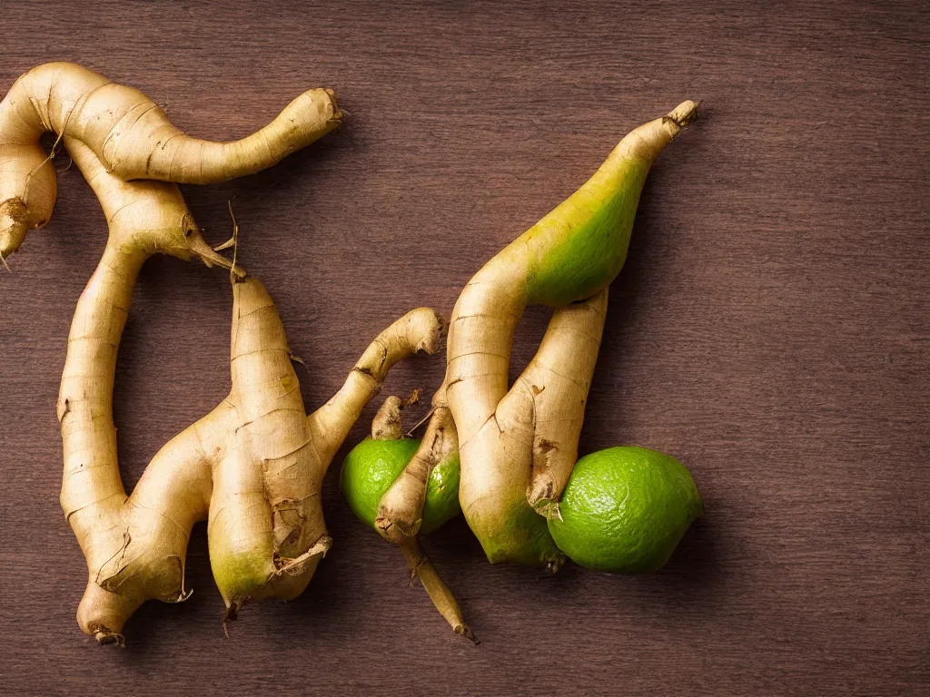 Image similar to still life, hyper detailed image of a ginger root leaning against a perfect lime, on a wooden table, studio lighting, sigma 55mm f/8