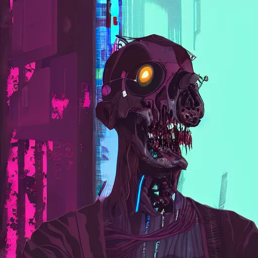 Prompt: cyberpunk zombie, sharp lines, digital, artstation, colored in