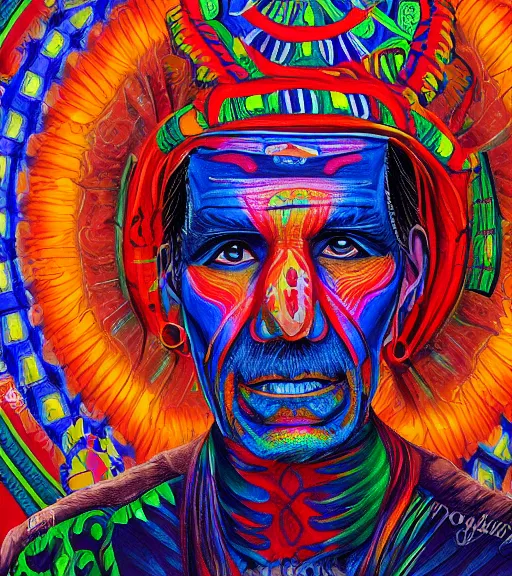 Image similar to Portrait painting in a style of Alex Grey of an old shaman dressed in a colorful traditional clothes.