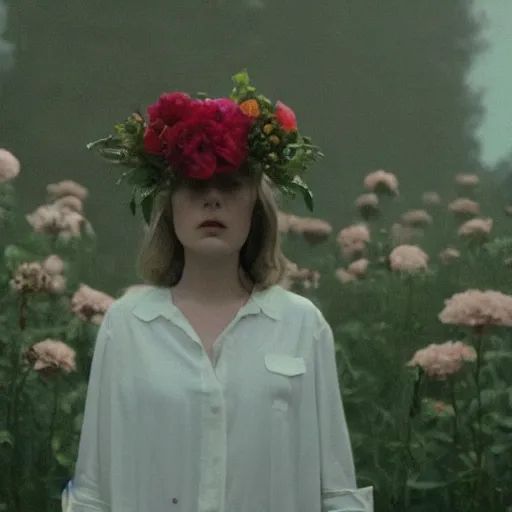 Image similar to movie still of the girl with the flowers instead of head, cinematic composition, cinematic light, by edgar wright and david lynch