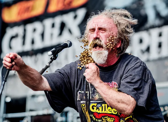 Image similar to photo still of gallagher at vans warped tour!!!!!!!! at age 6 3 years old 6 3 years of age!!!!!!! throwing bees at a crowd, 8 k, 8 5 mm f 1. 8, studio lighting, rim light, right side key light