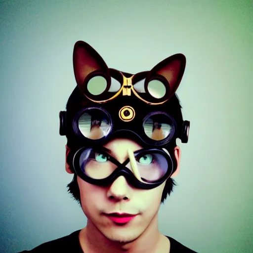 Prompt: cat person with steampunk goggles on forehead, style of hajime isayama