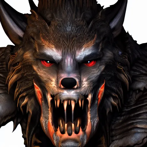 Image similar to a digital art close up portrait of werewolf demon from warhammer, scary werewolf character sheet, 4 k, ultra detail, volumetric lighting, unreal engine, octane render