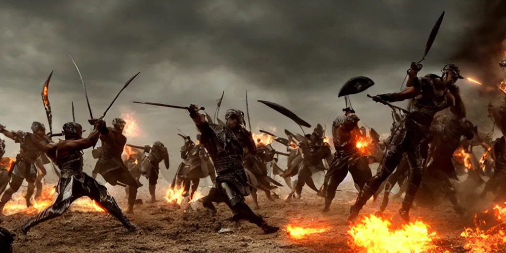 Image similar to epic battle screen of hero, film still from the movie'3 0 0'( 2 0 0 6 ), 3 d, 8 k realistic, cryengine, playstion 5 screen, cinematic lighting