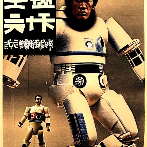 Image similar to poster for antonio inoki vs. r 2 d 2, japan, 1 9 7 0, detailed