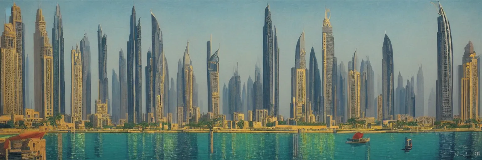 Image similar to dubai cityscape oil painting magritte