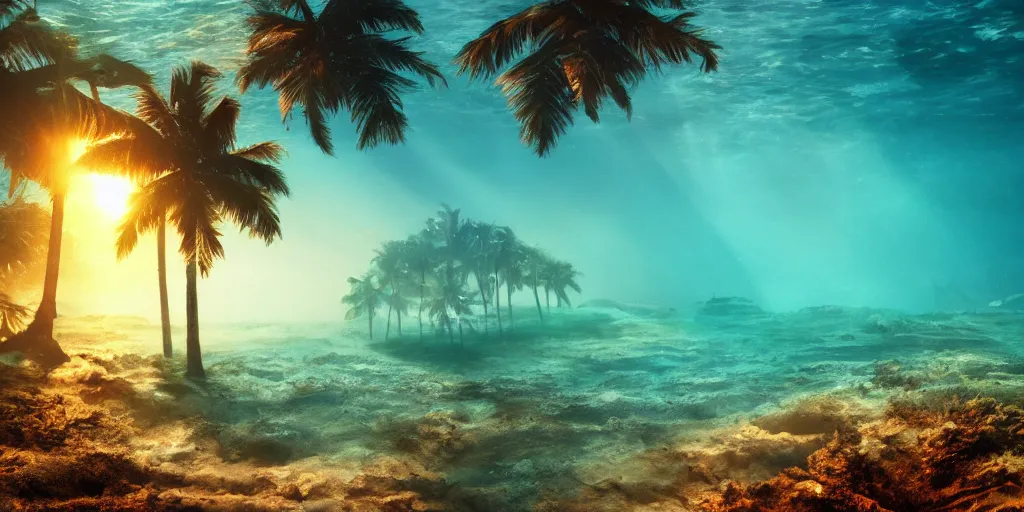 Image similar to under water sunken city with beach with palmtrees seaweed air bubbles, golden hour, caustics, shallow depth of field, moody lighting, 8 k, concept art,