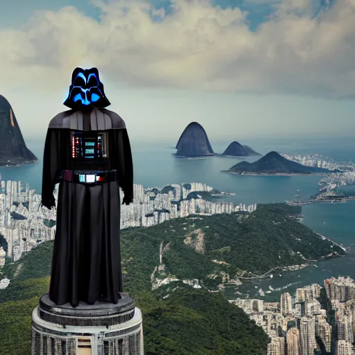 Prompt: a highly detailed picture of, the darth vader as the christo redentor dabbing over rio de janeiro and shouting poggers, ultrawide lens, art by john collier and albert aublet and krenz cushart and artem demura and alphonse mucha, volumetric lighting, octane render, 4 k resolution, trending on artstation, masterpiece