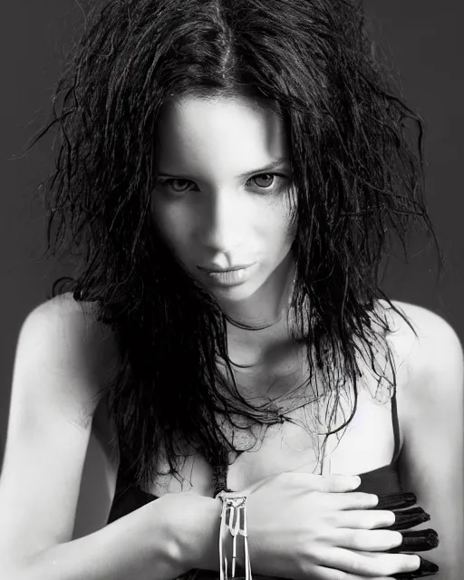 Image similar to a portrait of a beautiful Young female with long disheveled black hair, beautiful and in deep thought, sweet looks, white skin and reflective eyes, black tank top, black leather shiny jeans, an ankh necklace white colors in the background, by David Lazar and Annie Leibovitz 500px photos, top cinematic lighting , cinematic mood, very detailed, shot in canon 50mm f/1.2