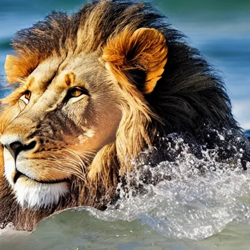 Image similar to a lion's face breaching through a wave