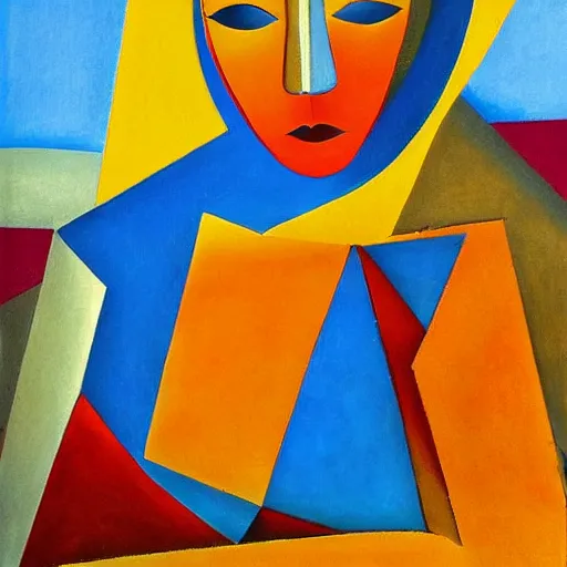 Image similar to woman in glorious robes rose up vast as the skies, old as the mountains and formless as starlight to shelter the precious memories, matter, messages, abstract art in the style of cubism and georgia o keefe