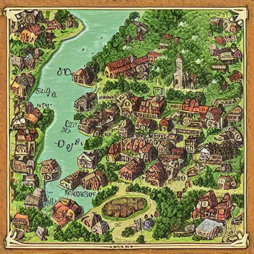 Prompt: “detailed map of a small fantasy town in the style of Mike schley”