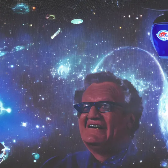 Prompt: a sci - fi hologram of chicago cubs announcer harry caray in space, universe, lasers, galaxy, cyberpunk