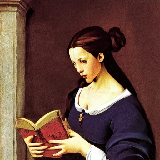 Prompt: Belle from Beauty and the Beast reading a book. Painted by Caravaggio, high detail - n4