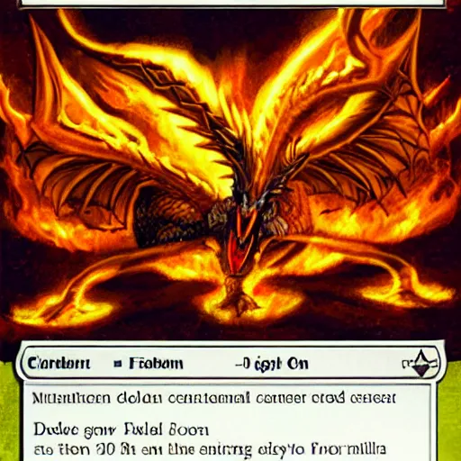 Prompt: Golden dragon with flaming wings, MTG art style