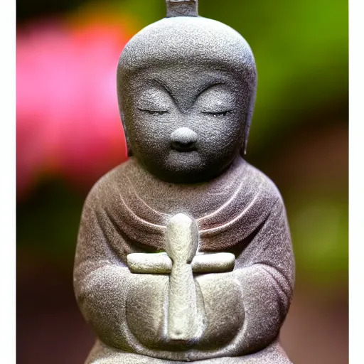 Prompt: photo of small jizo statue in a garden, high detail, cinematic, cute, beautiful lighting, 1 flower,