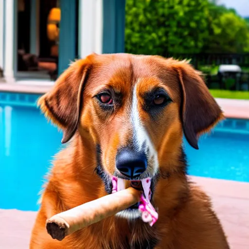 Image similar to a very detailed photo of a dog smoking a cigar outside the mansion by the pool