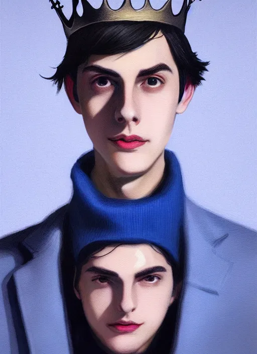 Image similar to portrait of teenage jughead jones wearing a light grey crown, crown, blue turtleneck, 1 9 5 0 s, closed eyes, photorealistic, black hair, glowing lighting, intricate, elegant, glowing lights, highly detailed, digital painting, artstation, concept art, smooth, sharp focus, illustration, art by wlop, mars ravelo and greg rutkowski