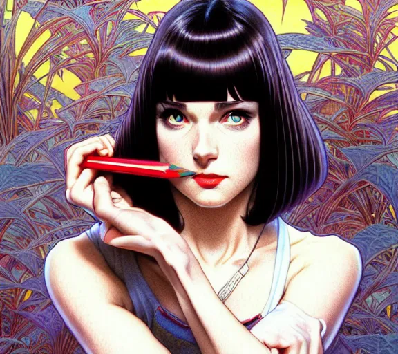 Image similar to ' pulp fiction ', beautiful shadowing, 3 d shadowing, reflective surfaces, illustrated completely, 8 k beautifully detailed pencil illustration, extremely hyper - detailed pencil illustration, intricate, epic composition, masterpiece, bold complimentary colors. stunning masterfully illustrated by artgerm, range murata, alphonse mucha.