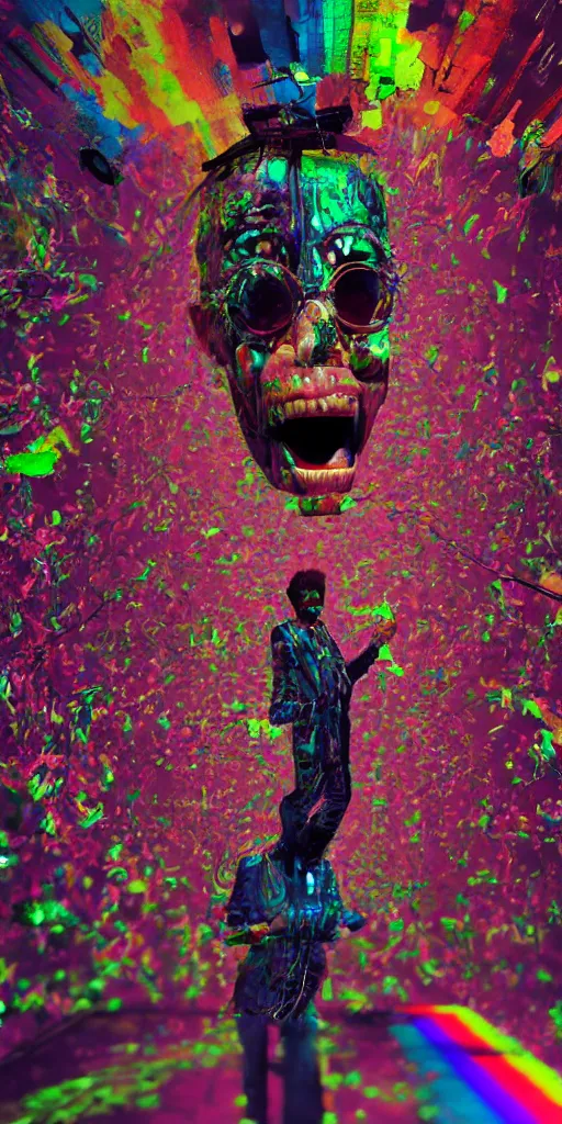 Image similar to men become controlled by technology like a puppet, intricate complexity, surreal horror, psychedelic glitch art, rainbow drip paint, trending on art station, photoreal, 8k, octane render