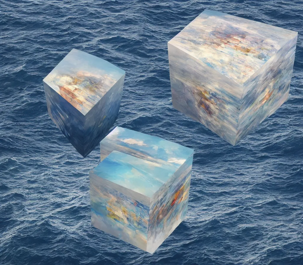 Prompt: a cube in the middle of the ocean with images of a tumultuous sea on its sides. In the style of Leda de piart