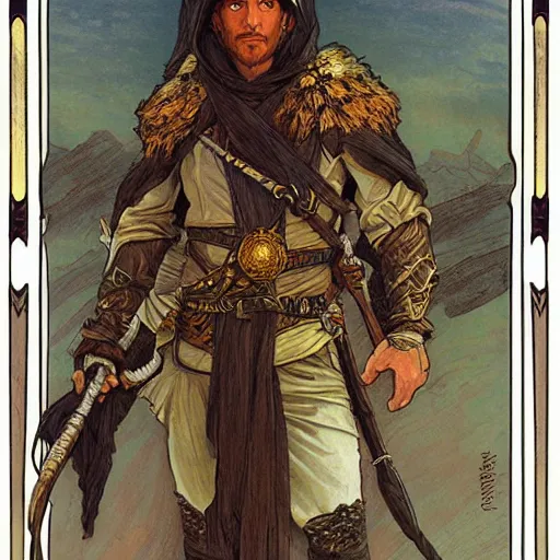 Image similar to Kethlan the elven desert bandit. Epic portrait by james gurney and Alfonso mucha.