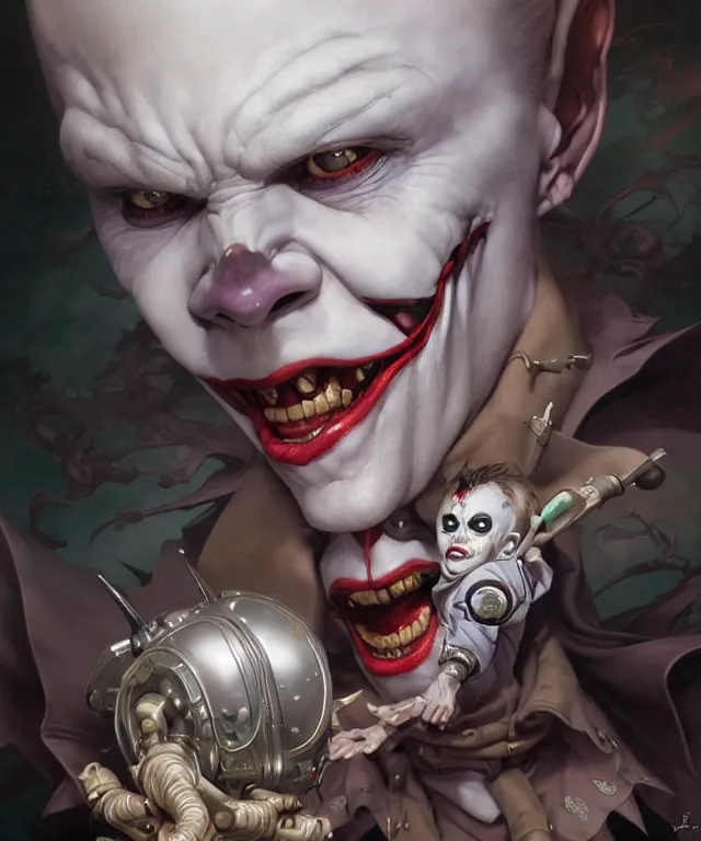 Prompt: beautiful portrait of evil fantasy baby joker, ultra realistic, wide angle, intricate details, the fifth element artifacts, highly detailed by peter mohrbacher, hajime sorayama, wayne barlowe, boris vallejo, aaron horkey, gaston bussiere, craig mullins