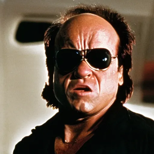 Image similar to Danny DeVito as The Terminator, cinematic, Eastman 5384 film