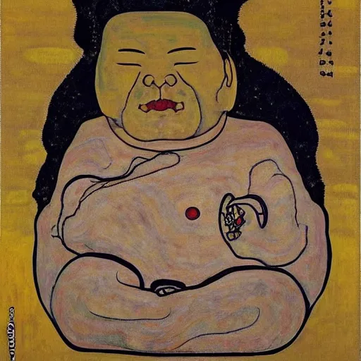 Image similar to hotei budai painting by egon schiele glitter iglitch datamosh